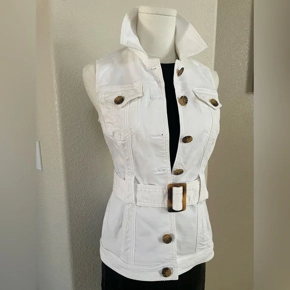 WHBM White Denim Belted Vest Stretch Tortoiseshell Buttons Size 0 - Picture 5 of 11
